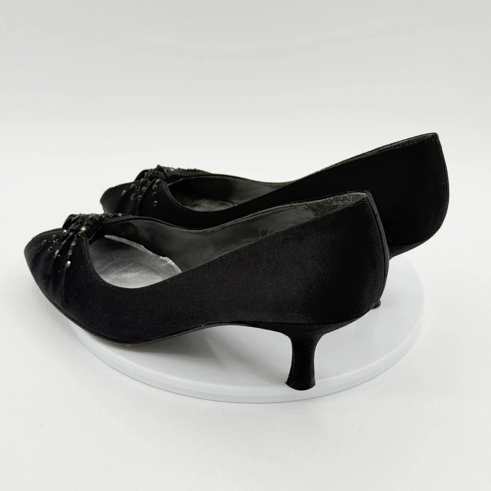 Stuart Weitzman 15026 Peep Toe‎ Pumps Size 7.5 Women Black Satin Rhinestone Bow
